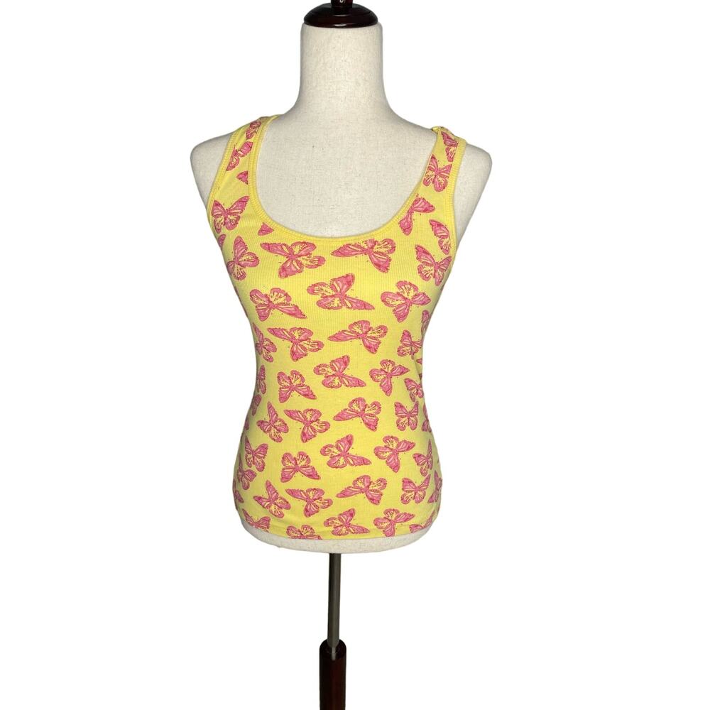 Mix & Co. yellow pink butterfly ribbed stretch tank top women's size small